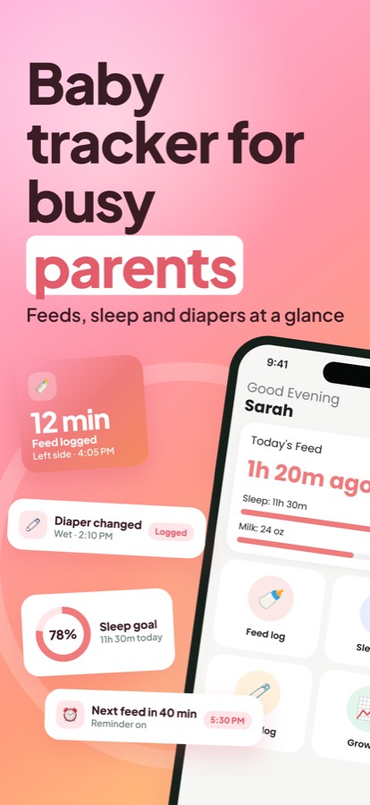 Tot app home screen showing the last feed, sleep and diaper